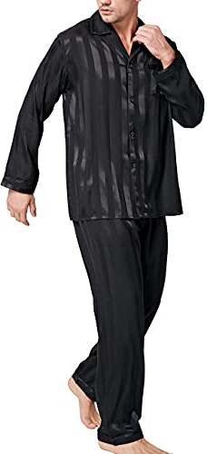 Mens Silk Satin Pajamas Set Sleepwear Loungewear Black L