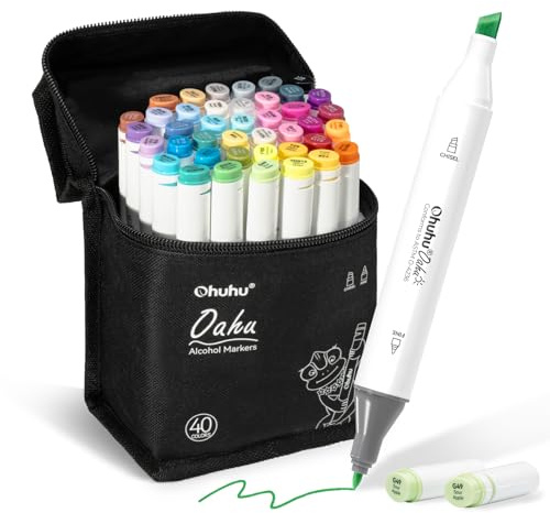 Ohuhu Alcohol Markers - AP Certificated Double Tipped Art Marker Set for Artists Adults Coloring Illustration -Refillable - 40 Colors - Chisel and Fine Dual Tips - Oahu of Ohuhu Markers