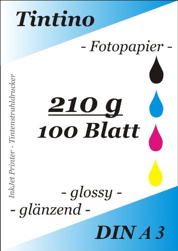 A3-100 Blatt Fotopapier Photopapier DIN - A 3-210g/qm - glossy glaenzend - sofort trocken - wasserfest - hochweiß - sehr hohe Farbbrillianz fuer InkJet Drucker Tintenstrahldrucker