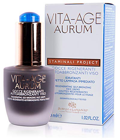 Bottega di LungaVita GOCCE RIGENERANTI AUTOABBRONZANTI VISO VITA-AGE AURUM - Gocce viso autoabbronzanti e rigeneranti a base di cellule staminali vegetali da Stella Alpina per un' abbronzatura naturale immediata come un effetto lampada - Con Cellule staminali vegetali, complesso autoabbronzante, aloe, vitamina E. - idratante e rigenerante, conferisce lucentezza e doratura alla pelle - Flacone contagocce da 30 ml