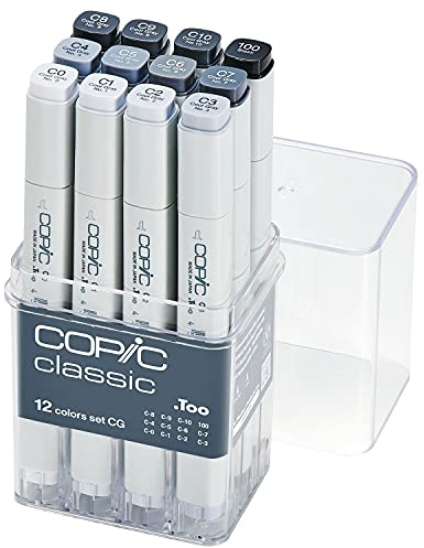 COPIC Classic Set CG, 12er Set im Acryl-Display, Twin Marker mit einer mittelbreiten und einer feinen Spitze