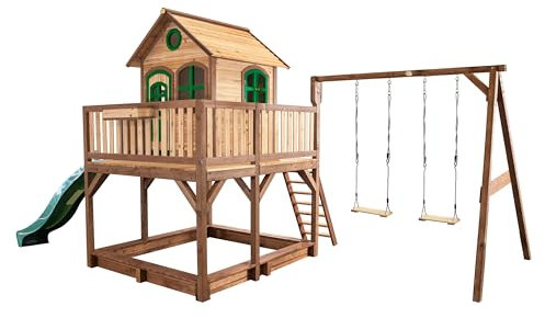 AXI Liam Maison Enfant avec Bac à Sable, Balançoire 2 Agrès & Toboggan Vert | Aire de Jeux pour l'extérieur en Marron & Vert | Maisonnette/Cabane de Jeu en Bois FSC