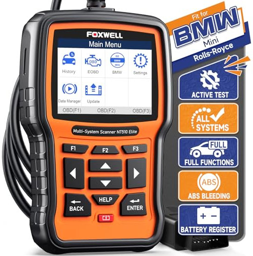 FOXWELL NT510 fit für BMW Fahrzeuge OBD2 Diagnosegerät Auto Full System KFZ Diagnose Codeleser mit Bi-direktionale Steuerung Aktiver Test, Alle Wartungsarbeiten Zurücksetzen, und Batterie-Regis