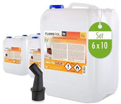 Höfer Chemie Bioethanol 96,6% Premium 6 x 10 L - Ethanol für Tischkamin, Kamin & Gartendeko für Draußen - Rauch- und Rußfrei - Aus Mais & Zuckerrüben