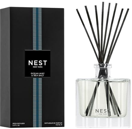 NEST New York Reed Diffuser, Ocean Mist & Sea Salt - 5.9 fl oz - Fragrance for Up to 90 Days - Reusable, Refillable Glass Holder - Includes 8 All-Natural Reed Sticks - Flame Free