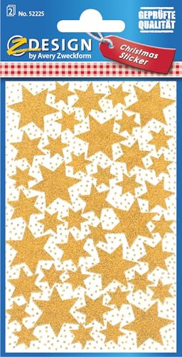 AVERY Zweckform 86 Aufkleber Weihnachten Sterne gold (Made in Germany, glitzernde Weihnachtssticker Papier, selbstklebende Weihnachtsdeko für Karten, Geschenke) 2 Bogen/je 43 Sternsticker, 52225
