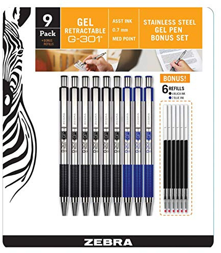 ZEBRA G-301 Gel Stainless Steel 9 Pack w/ 6 Refill Cartridges