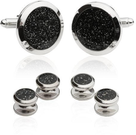 Cuff-Daddy Men's Black Diamond Dust Tuxedo Cuff Links and Studs Set with Presentation Jewelry Idea Box - 7/8 cufflinks, 3/8 studs - Business Attire Cufflinks & Shirt Accessories Special