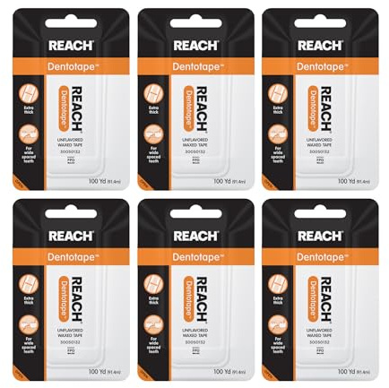 Reach Dentotape Waxed Dental Floss with Extra Wide Cleaning Surface for Large Spaces Between Teeth, Unflavored, 100 Yards, (Pack of 6)