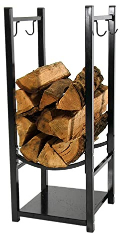 Sunnydaze 32 Indoor Firewood Rack with Hooks for Tools - Outdoor Fireplace Log Holder for Wood Storage - 200-lb Capacity - Black