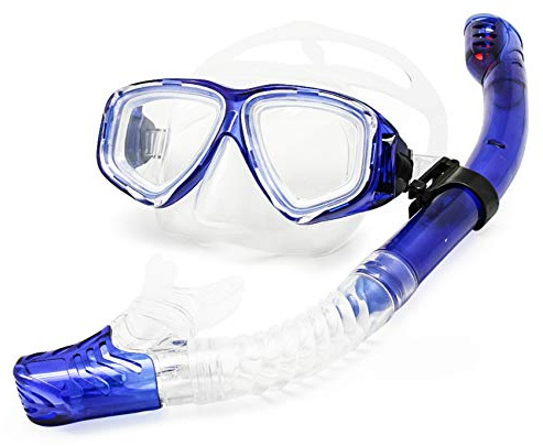 EnzoDate óptico Buceo Engranaje miopía Kit Snorkel Set, Fuerza Diferente para Cada Ojo, máscara de Buceo Superior seco miope (Azul, R/L Dióptero Diferente)