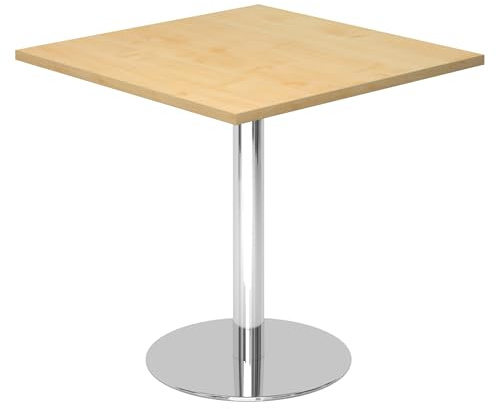 bümö Besprechungstisch, Esstisch klein, Tisch eckig 80x80 cm in Ahorn, Gestell: verchromt - Kleiner Rundtisch für 2 Personen mit Holz-Platte, Säule aus Metall, Konferenztisch, Bistrotisch