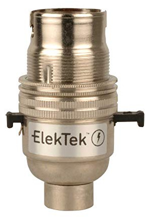 ElekTek Safety Switch Lamp Bulb Holder B22 BC Bayonet Cap & Shade Ring 1/2” 26TPI Threaded Bottom Entry Nickel Made in UK - Child Safe Switch Push Bar locks OFF & cuts power if no bulb fitted