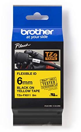 Brother TZe-FX611 Labelling Tape Cassette, Black on Yellow, 6mm (W) x 8M (L), Flexible ID, Brother Genuine Supplies