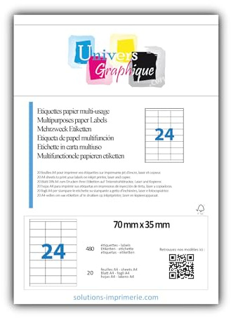 480 etiquettes 70 x 35 mm - 20 feuilles A4-24 étiquettes autocollante par par planche A4 pour imprimante jet d'encre et laser …