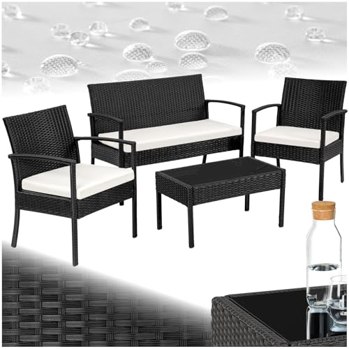 tectake® Conjunto Jardín Exterior de Ratán y Aluminio, Muebles Jardín Exterior Resistentes a Rayos UV, 2 Sillones, 1 Sofá, 1 Mesa Cristal, con Cojines de 5,5 cm y 1 Juego de Fundas - Negro