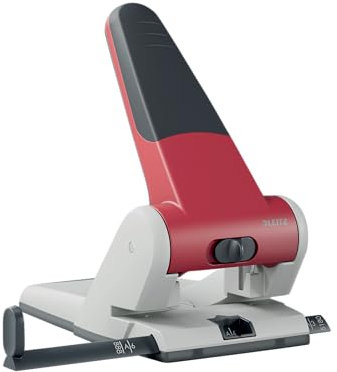 Leitz Extrastarker Registratur-Locher, Für 65 Blatt, Großer leistungsstarker Locher für müheloses Lochen im Büro, Aus Aluminiumdruckguss, recycelte Kunststoffteile, 100% recycelbar, Rot, 51800025