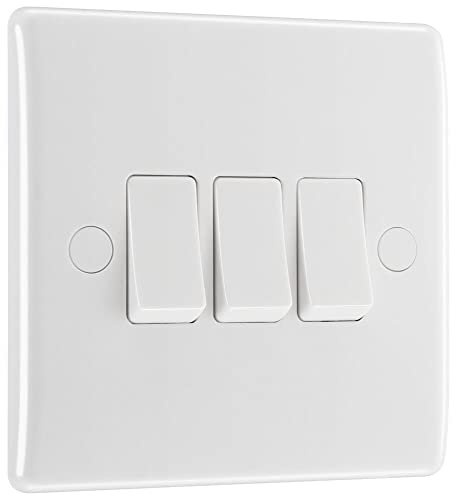 BG Electrical Triple Wall Light Switch, 2 Way, Round Edge, Nexus 800 Series, White Moulded, 20A, 16AX, 843