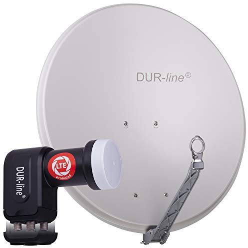 DUR-line 4 Teilnehmer Set - Qualitäts-Alu-Satelliten-Komplettanlage - Select 75cm/80cm Spiegel/Schüssel Hellgrau + Quad LNB - für 4 Receiver/TV [Neuste Technik, DVB-S2, 4K, 3D]