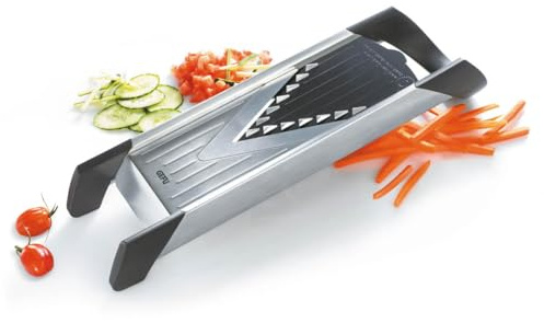 GEFU VIOLINO Gemüseschneider mit 3 Schneideflächen für Würfel, Stifte & Scheiben - Verstellbare Schnittstärke 1-5mm - Küchenreibe mit Sicherheitshalter & rutschfeste Füßen