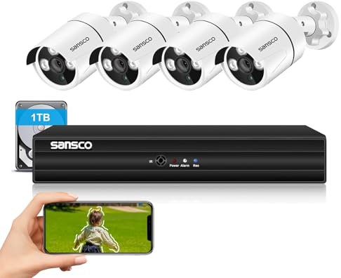 SANSCO 5MP Outdoor CCTV Camera System with 1TB Hard Drive, 8 Channel DVR System, 4x 1920P Waterproof Security Cameras, Face Detection, Email/App Alert, Night Vision