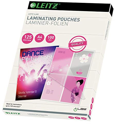 Leitz Heißlaminierfolien A4 125 mic, Hochwertige Laminierfolien im 100er Pack, mit abgerundeten Ecken, transparent, glänzend, für den Einsatz zu Hause oder im Büro, 33808