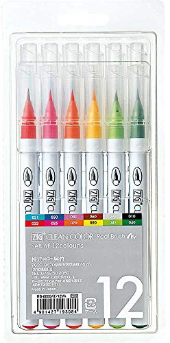 Kuretake ZIG CLEAN COLOR Real Brush 12 Colors set, AP-Certified, Flexible Brush Tip, Professional quality, Odourless, Xylene Free, Easy to create narrow and wide lines, Made in Japan