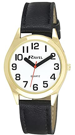 Ravel - Damen superfette Visierhilfebanduhr mit großen Zahlen - schwarz/goldfarbener Ton/weißes Zifferblatt