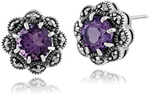 Gemondo Art Nouveau Earrings, 925 Sterling Silver 0.91ct Amethyst & Marcasite Floral Stud Earrings