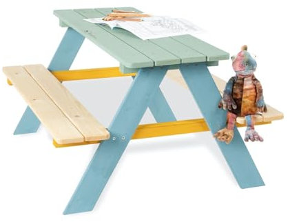 PINOLINO Nicki 4er Kindersitzgruppe - Kindertisch - Picknicktisch aus Massivholz, Kinder Spielbar - Langlebige Sitzbank für draußen, Kindergartenmöbel ab 2 Jahren, Outdoor-Tisch 90 x 79 x 50 cm, bunt