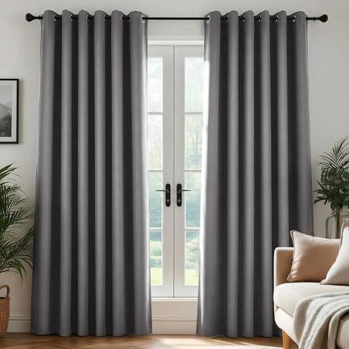 Deconovo 90 x 90 Inch Light Grey Eyelet Curtains, 2 Panels, Blackout, Thermal Insulated, Energy Saving, Bedroom, Living Room, Children's Room