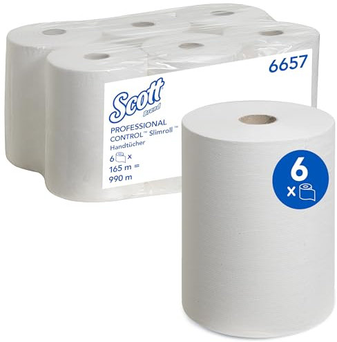 Scott gerollte Papierhandtücher Slimroll 6657, 1-lagige, saugfähige und reißfeste Papierhandtuchrollen, FSC-zertifiziert, weiße Handtücher für Spender, 6 Rollen x 165 m, (990 m insg.)