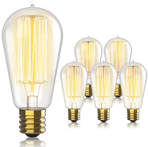 Hudson Bulb Co. Vintage Incandescent Edison Light Bulbs, 60W, E26/E27 Base, 2100K Dimmable Decorative Lights, ST58 Style Warm Glow, Antique Squirrel Filament for Outdoor and Indoor Use - 6 Pack