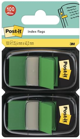 Post-it Index Flags, Medium, Green, 2 Dispensers 25.4 mm x 43.2 mm, 100 Flags - to Mark, Highlight or Color Code Important Information
