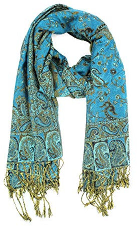 PASKMLNA Damen Paisley Pashmina-Schal, Türkis-Schwarz, florales Paisleymuster, Large