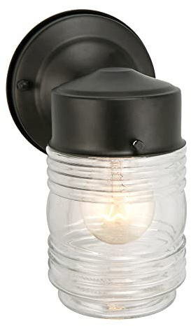 Design House Jelly Jar Wall Light, Indoor/Outdoor, Clear Ribbed Glass, Dimmable, Matte Black, Wall Mount Sconce Fixture, 4.5 in W x 7.5 in H x 5.25 in D, 502195