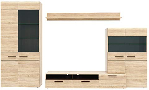 FORTE Combino Wohnwand mit 2 Türen, 3 Glastüren und 2 Schubladen, Holzwerkstoff, Sonoma Eiche/ Denver Eiche / Wenge, 197 x 330 x 52 cm