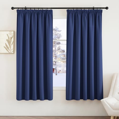 PONY DANCE Blackout Pencil Pleat Curtains, Blue, W66 x L72 Inch, 2 Panels | Thermal Insulated Curtains with Noise Reducing & Privacy, Luxury Soft Window Treatment for Bedroom & Living Room