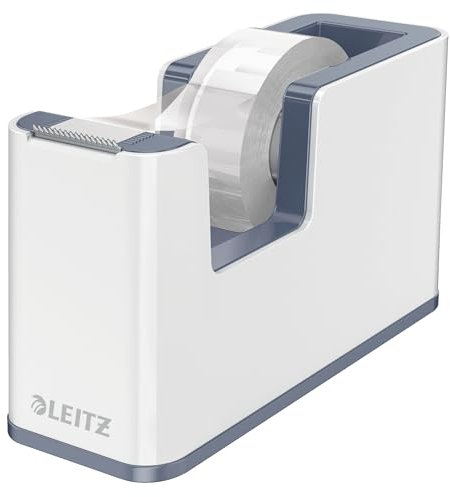 Leitz Klebeband-Tischabroller, Fester Stand, Klebebandabroller inkl. Klebeband, Weiß/Grau, Duo Colour, WOW, 53641001
