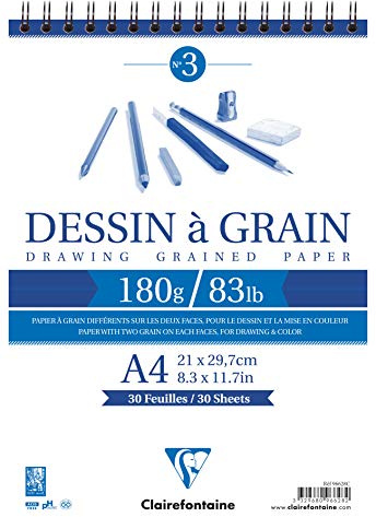 Clairefontaine 96628C Bloc Spiralé en-tête Papier Dessin à Grain - 30 Feuilles Papier Dessin au Grain Marqué - A4 21x29,7 cm 180g - Idéal pour le Dessin et Croquis au Crayon, Feutre et Fusain
