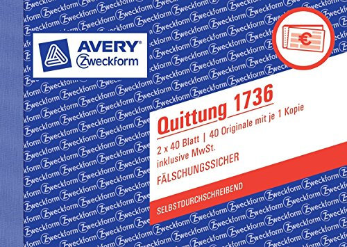 AVERY Zweckform 5er Veorteilspack 1736 Quittung inkl. MwSt., DIN A6 quer, fälschungssicher, 2 x 40 Blatt, weiß, gelb (5)