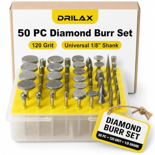Drilax 50 Pc Diamond Rotary Tool Bits Set, 120 Grit Carving Engraving Burr Kit, 1/8 Inch Shank Compatible with Dremel, for Stone Rock Glass Ceramics Polishing Shaping