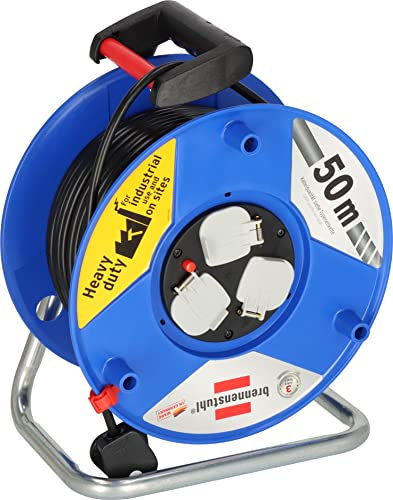 Brennenstuhl Garant 3-way socket outlet Cable Reel (Extension lead with 50m cable length, with thermal cut-out protection, ergonomic handle, cable colour: black)