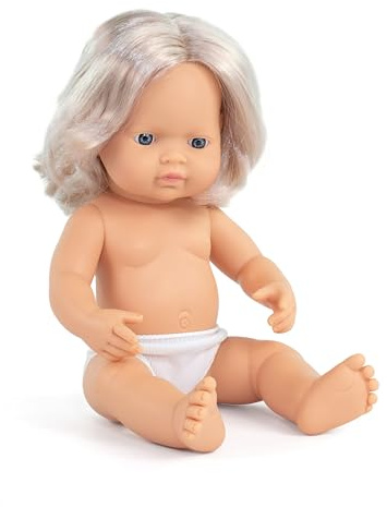Miniland –Muñeca bebé Africana Niña rubia. Vinilo suave de 38cm con rasgos étnicos y sexuado para el aprendizaje de la diversidad con suave y agradable perfume. Colección de diferentes etnias y sexos.