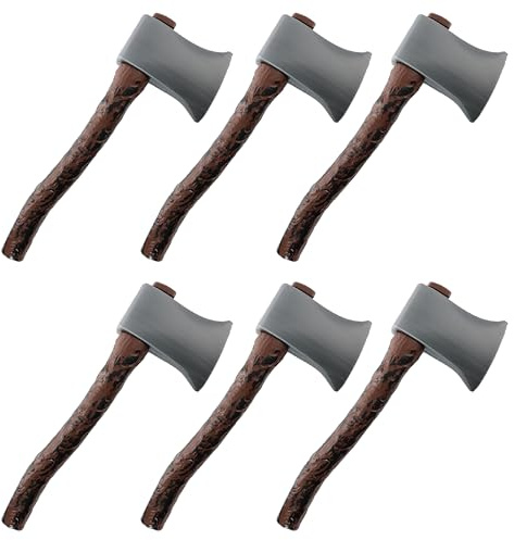 Woodsman yxa med brunt handtag tjusigt klänningstillbehör – 6-pack – plastyxrekvisita med trähandtag – halloween skolbok vecka värld bok dag maskeraddräkt tillbehör