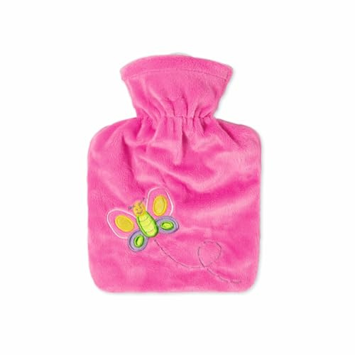 Hugo Frosch Wärmflasche Kinder 0,6l – Made in Germany – mit weichem Velourbezug Schmetterling Pink – kleine, auslaufsichere Bettflasche – langlebig & mit waschbarem Bezug
