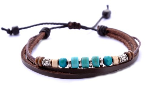 Morella Damen Armband aus Leder mit Ringen und Beads türkis