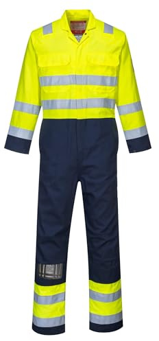 Portwest BIZ7 Vis Bizweldâ Overall Praktiska Fickor Knäskyddsfickor Hållbar | Gul/Marinblå, M, EN ISO 20471 Klass 3, EN ISO 11612, EN 1149-5, Täckt Tryckknappsstängning Fram, Garanterat Flamskydd