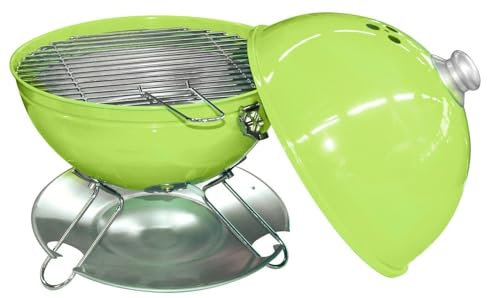 SunnyDays Green Portable Enamelled Steel BBQ Grill, 29cm ⌀ | 43cm Freestanding Bucket Barbecue for Camping & Outdoor Cooking/Grilling | Small Table Top Travel BBQ with Ventilated Chrome Lid & Ash Bowl