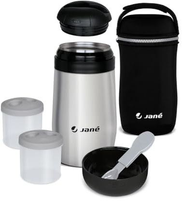 Jané Thermos per Pappa 1L, 2 Contenitori Ermetici, Mantiene Caldo e Freddo 8h, con Cucchiaio e Borsa Termica, Grigio